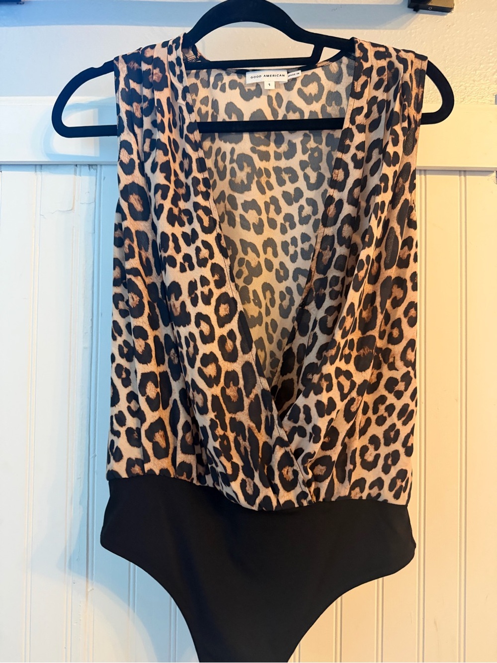 Good American Leopard Wrap-Front Bodysuit in Tan and Black